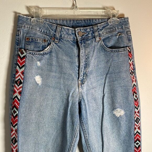 EUC H&M Denim Light Wash Ankle Aztec Pinstripe Distressed Design Jeans 28/6 - Picture 3 of 9